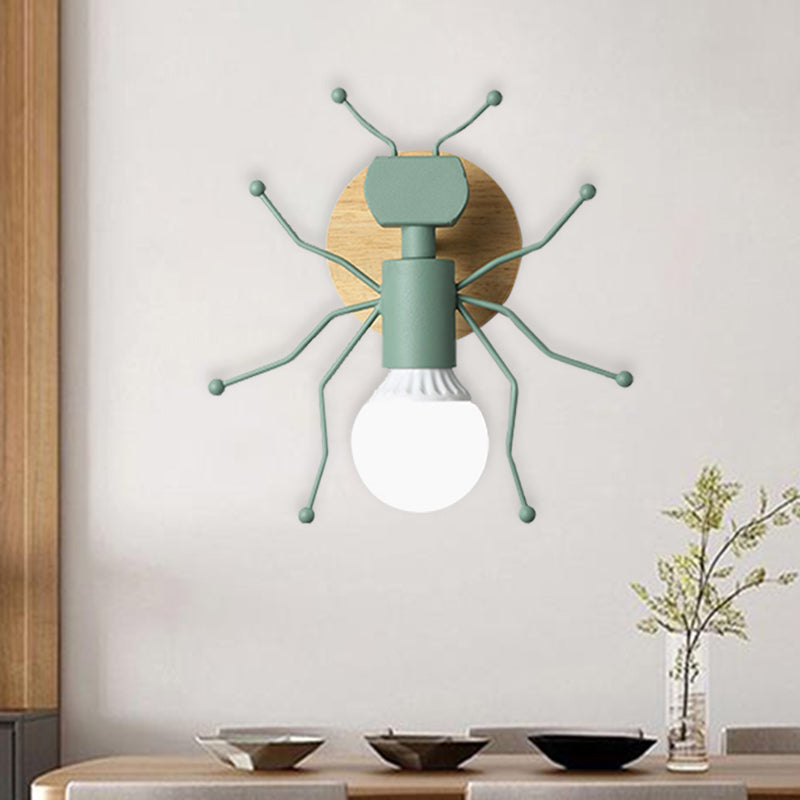 Ant Metal Sconce Wall Light Nordic 1 Bulb Grey/White/Green Wall Lighting Fixture with Wood Backplate Green Clearhalo 'Wall Lamps & Sconces' 'Wall Lights' Lighting' 886550