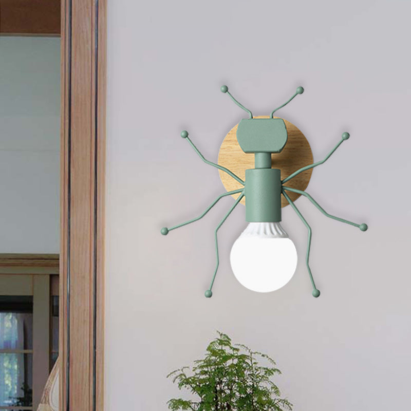 Ant Metal Sconce Wall Light Nordic 1 Bulb Grey/White/Green Wall Lighting Fixture with Wood Backplate Clearhalo 'Wall Lamps & Sconces' 'Wall Lights' Lighting' 886551