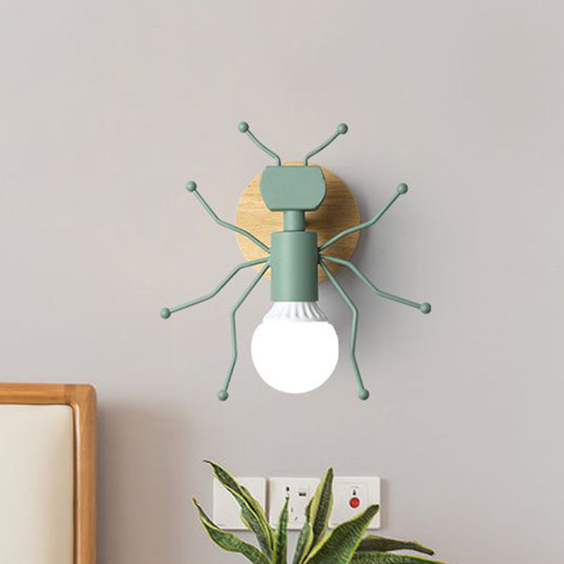 Ant Metal Sconce Wall Light Nordic 1 Bulb Grey/White/Green Wall Lighting Fixture with Wood Backplate Clearhalo 'Wall Lamps & Sconces' 'Wall Lights' Lighting' 886552