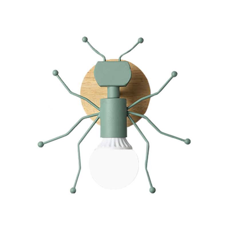 Ant Metal Sconce Wall Light Nordic 1 Bulb Grey/White/Green Wall Lighting Fixture with Wood Backplate Clearhalo 'Wall Lamps & Sconces' 'Wall Lights' Lighting' 886553