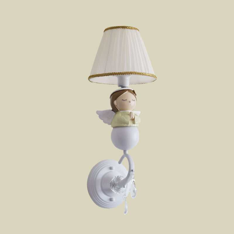 Fabric Barrel Wall Light Fixture Cartoon 1-Head White Wall Sconce Lamp with Resin Angel Design Clearhalo 'Wall Lamps & Sconces' 'Wall Lights' Lighting' 886556