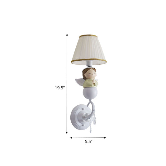 Fabric Barrel Wall Light Fixture Cartoon 1-Head White Wall Sconce Lamp with Resin Angel Design Clearhalo 'Wall Lamps & Sconces' 'Wall Lights' Lighting' 886557