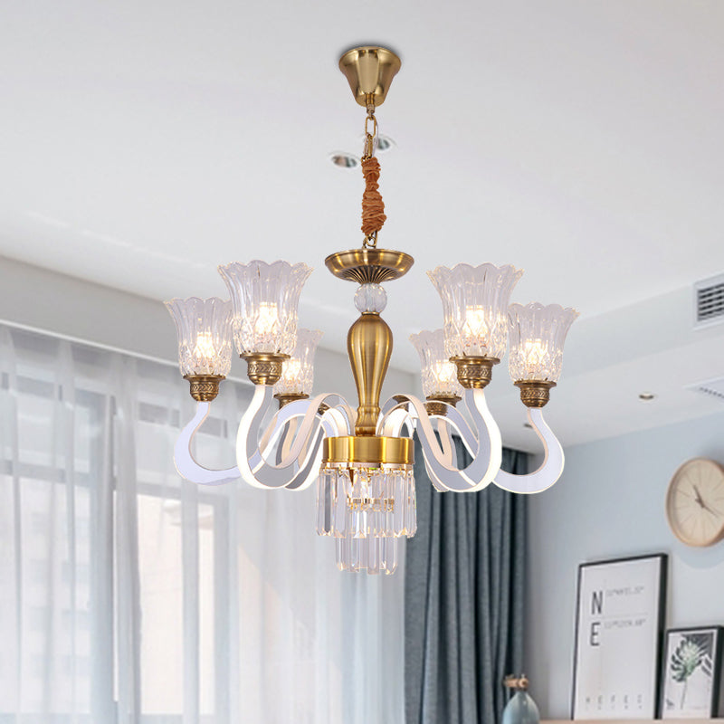 Floral Bedroom Chandelier Lamp Modern Crystal 6 Bulbs Gold Hanging Pendant with Acrylic Arm Gold Clearhalo 'Ceiling Lights' 'Chandeliers' 'Modern Chandeliers' 'Modern' Lighting' 886562
