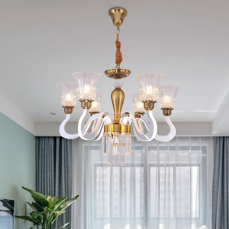 Floral Bedroom Chandelier Lamp Modern Crystal 6 Bulbs Gold Hanging Pendant with Acrylic Arm Clearhalo 'Ceiling Lights' 'Chandeliers' 'Modern Chandeliers' 'Modern' Lighting' 886563