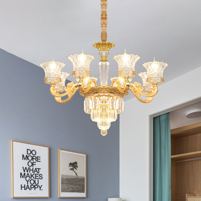 Clear Crystal Glass Gold Pendant Blossom 8 Heads Modernist Chandelier with Carved Arm Clearhalo 'Ceiling Lights' 'Chandeliers' 'Modern Chandeliers' 'Modern' Lighting' 886571