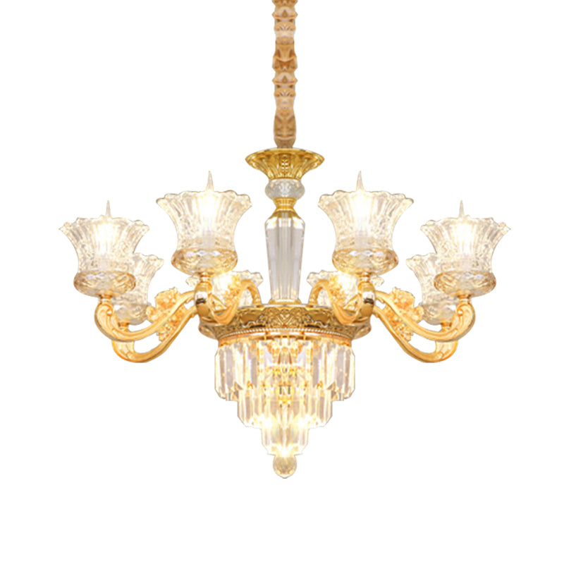Clear Crystal Glass Gold Pendant Blossom 8 Heads Modernist Chandelier with Carved Arm Clearhalo 'Ceiling Lights' 'Chandeliers' 'Modern Chandeliers' 'Modern' Lighting' 886572