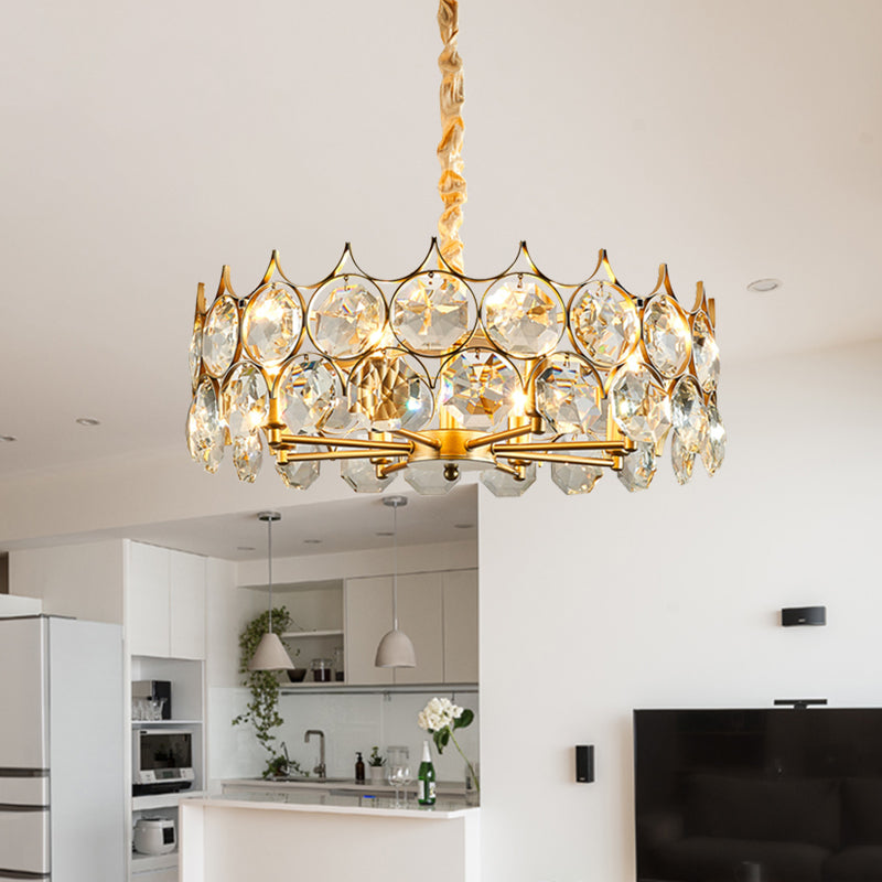 Minimalist Drum Pendant Chandelier 8 Bulbs Faceted Crystal Ceiling Hang Fixture in Gold Gold Clearhalo 'Ceiling Lights' 'Chandeliers' 'Modern Chandeliers' 'Modern' Lighting' 886586