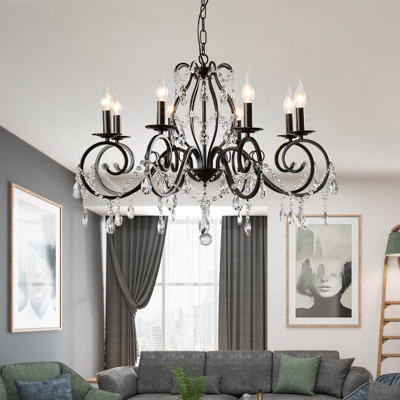 8-Bulb Scrolled Arm Chandelier Black Metal Ceiling Pendant Light with Crystal Draping Clearhalo 'Ceiling Lights' 'Chandeliers' Lighting' options 886590