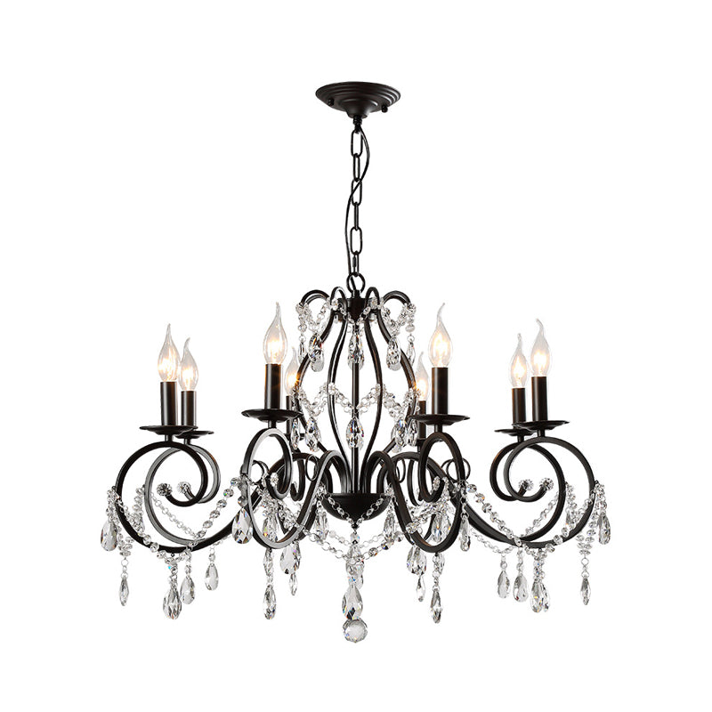 8-Bulb Scrolled Arm Chandelier Black Metal Ceiling Pendant Light with Crystal Draping Clearhalo 'Ceiling Lights' 'Chandeliers' Lighting' options 886591