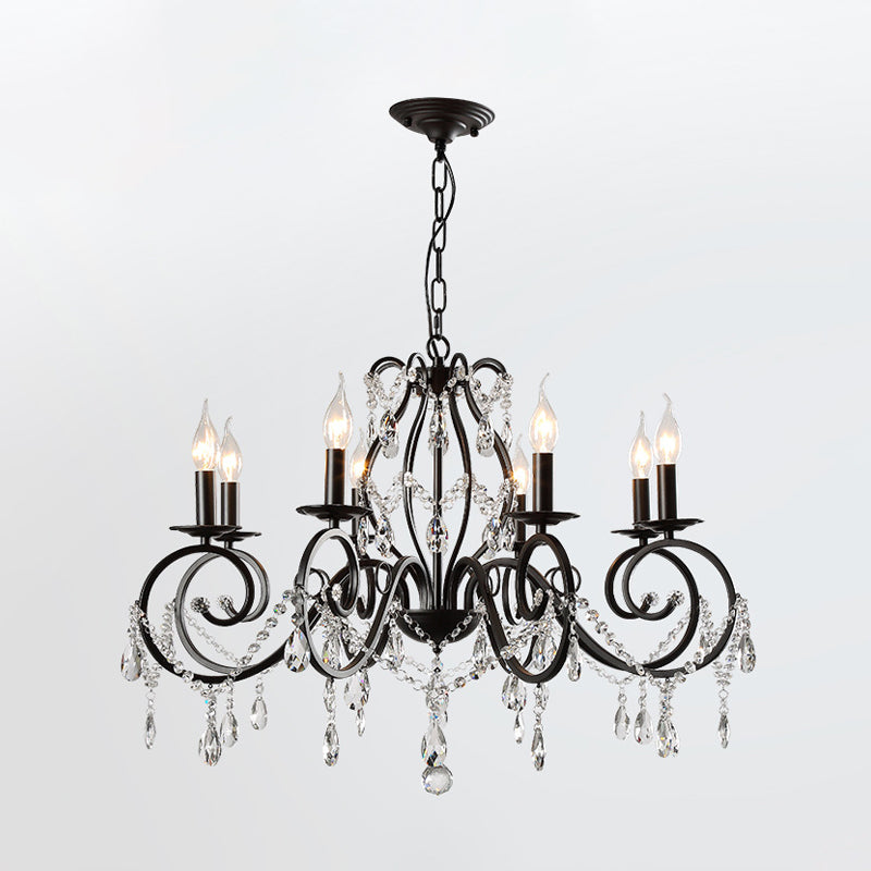 8-Bulb Scrolled Arm Chandelier Black Metal Ceiling Pendant Light with Crystal Draping Clearhalo 'Ceiling Lights' 'Chandeliers' Lighting' options 886592