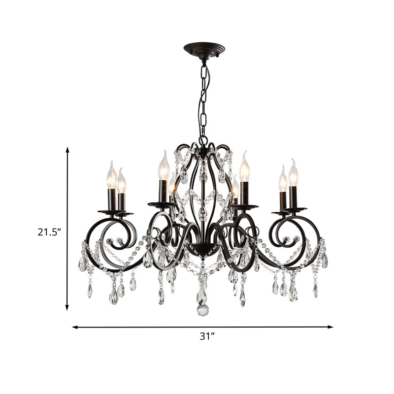 8-Bulb Scrolled Arm Chandelier Black Metal Ceiling Pendant Light with Crystal Draping Clearhalo 'Ceiling Lights' 'Chandeliers' Lighting' options 886593