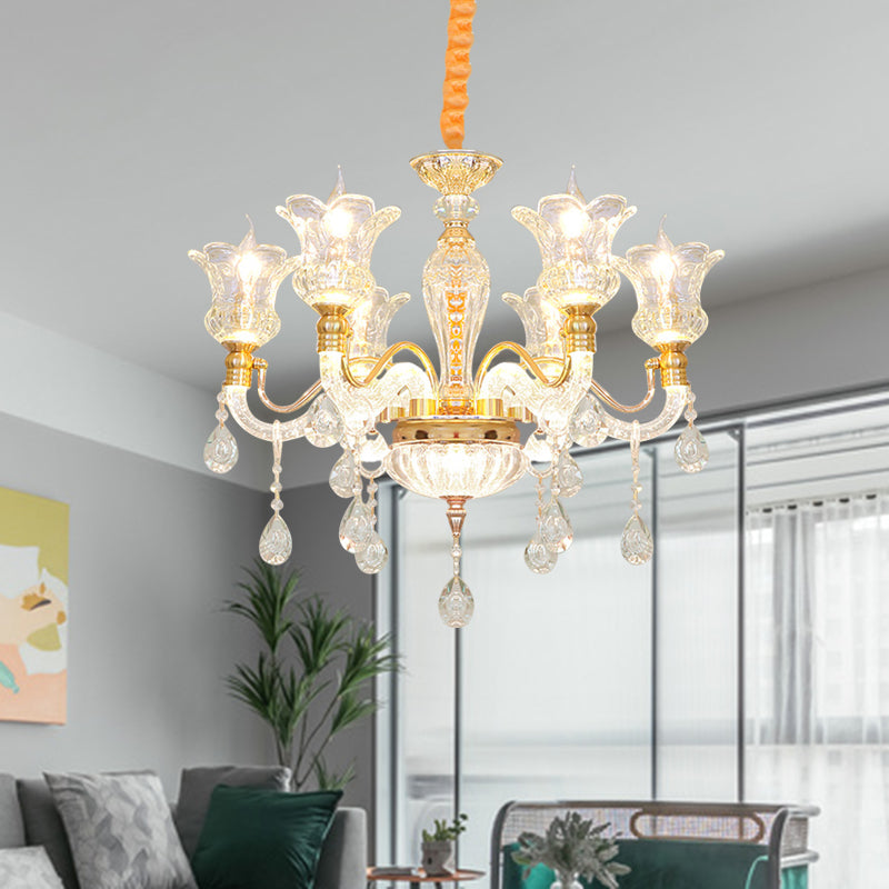Blossom Clear Glass Ceiling Lamp Modern 6 Bulbs Bedroom Chandelier in Gold with Crystal Drop Gold Clearhalo 'Ceiling Lights' 'Chandeliers' 'Modern Chandeliers' 'Modern' Lighting' 886594