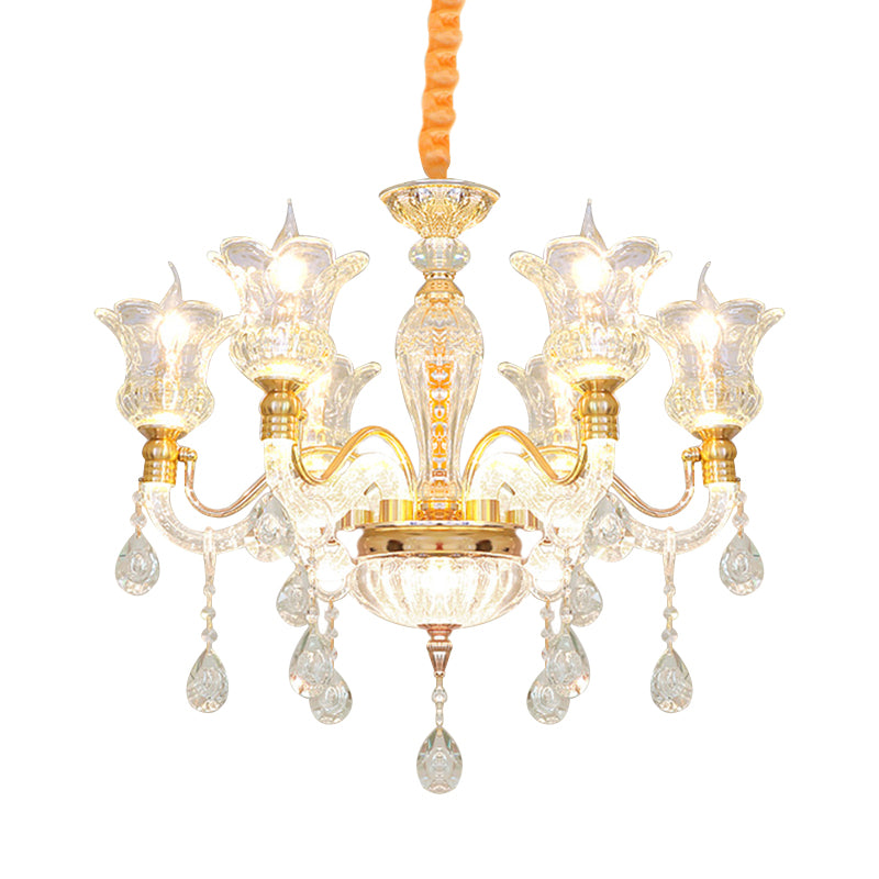 Blossom Clear Glass Ceiling Lamp Modern 6 Bulbs Bedroom Chandelier in Gold with Crystal Drop Clearhalo 'Ceiling Lights' 'Chandeliers' 'Modern Chandeliers' 'Modern' Lighting' 886596