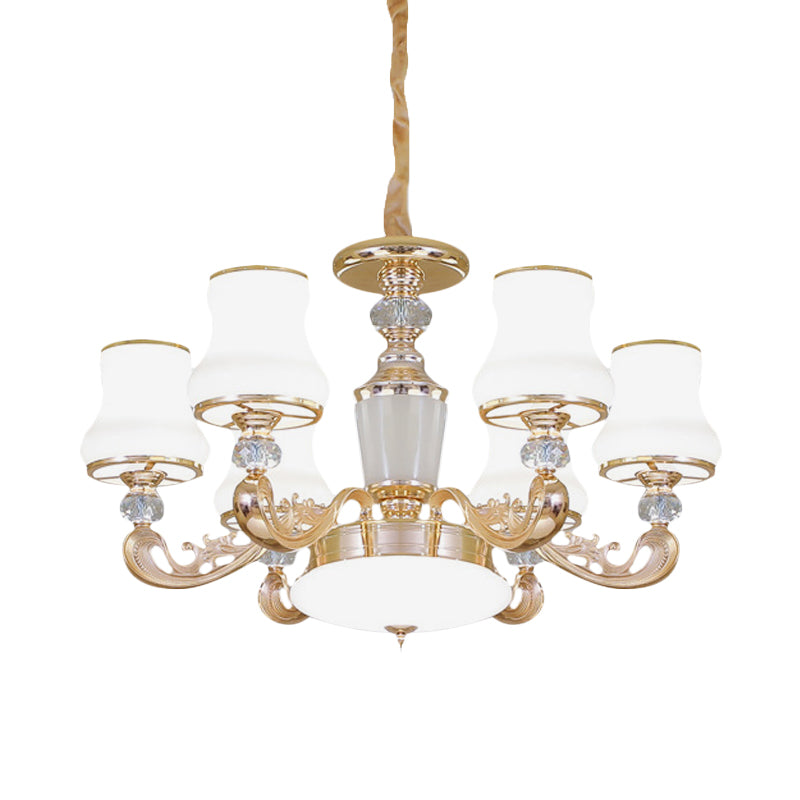 6-Head Milk Glass Hanging Chandelier Modern Gold Carved Arm Bedroom Crystal Pendant Clearhalo 'Ceiling Lights' 'Chandeliers' 'Modern Chandeliers' 'Modern' Lighting' 886620