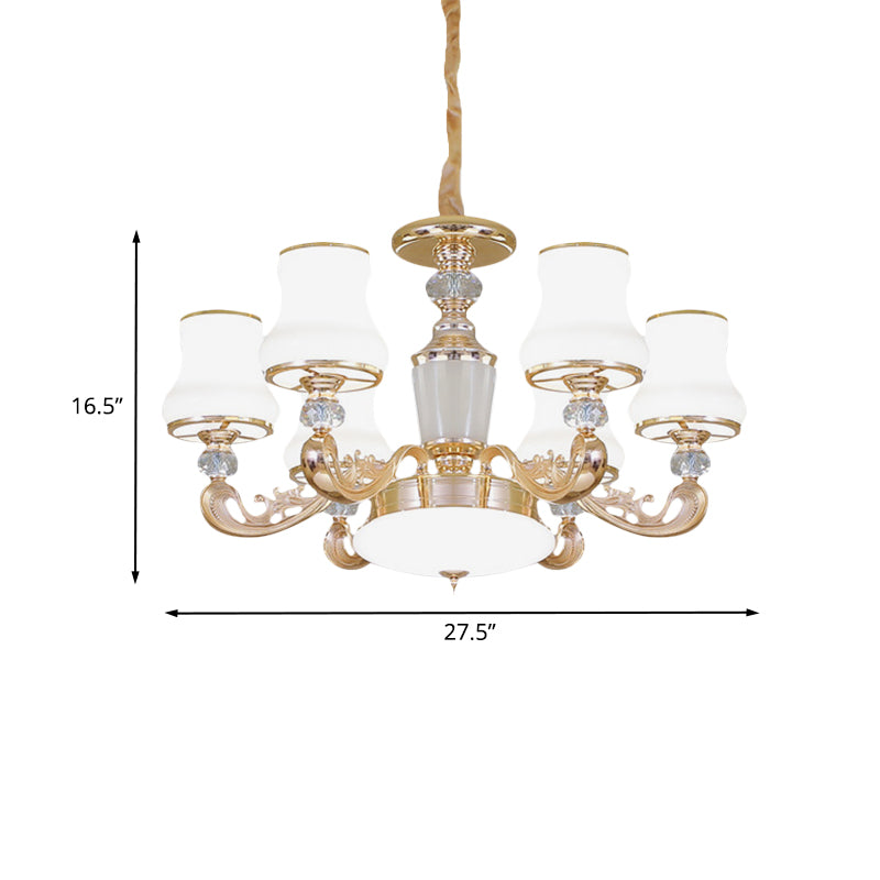 6-Head Milk Glass Hanging Chandelier Modern Gold Carved Arm Bedroom Crystal Pendant Clearhalo 'Ceiling Lights' 'Chandeliers' 'Modern Chandeliers' 'Modern' Lighting' 886621