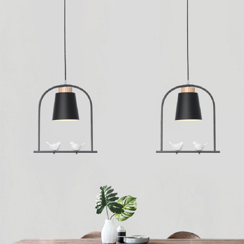 Bird Cage Shape Metal Down Lighting Macaron 1 Head White/Black/Grey Finish Pendulum Lamp with Small Barrel Shade Clearhalo 'Ceiling Lights' 'Modern Pendants' 'Modern' 'Pendant Lights' 'Pendants' Lighting' 886676