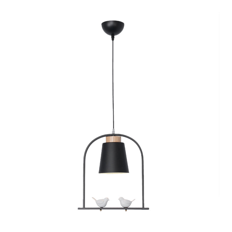 Bird Cage Shape Metal Down Lighting Macaron 1 Head White/Black/Grey Finish Pendulum Lamp with Small Barrel Shade Clearhalo 'Ceiling Lights' 'Modern Pendants' 'Modern' 'Pendant Lights' 'Pendants' Lighting' 886677