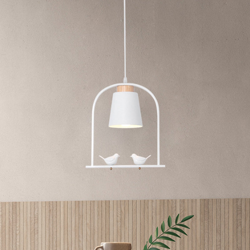 Bird Cage Shape Metal Down Lighting Macaron 1 Head White/Black/Grey Finish Pendulum Lamp with Small Barrel Shade White Clearhalo 'Ceiling Lights' 'Modern Pendants' 'Modern' 'Pendant Lights' 'Pendants' Lighting' 886679