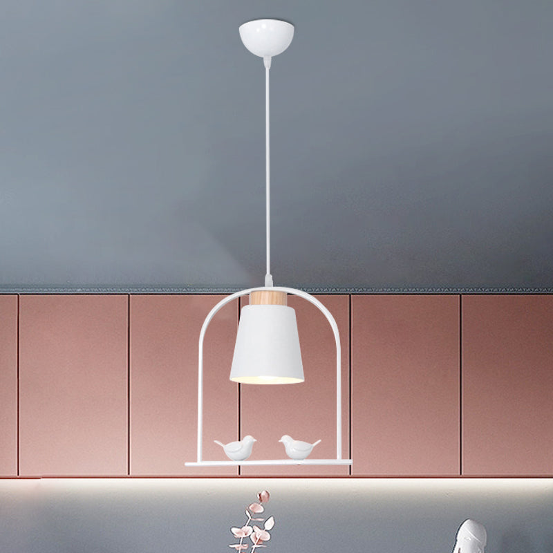 Bird Cage Shape Metal Down Lighting Macaron 1 Head White/Black/Grey Finish Pendulum Lamp with Small Barrel Shade Clearhalo 'Ceiling Lights' 'Modern Pendants' 'Modern' 'Pendant Lights' 'Pendants' Lighting' 886680