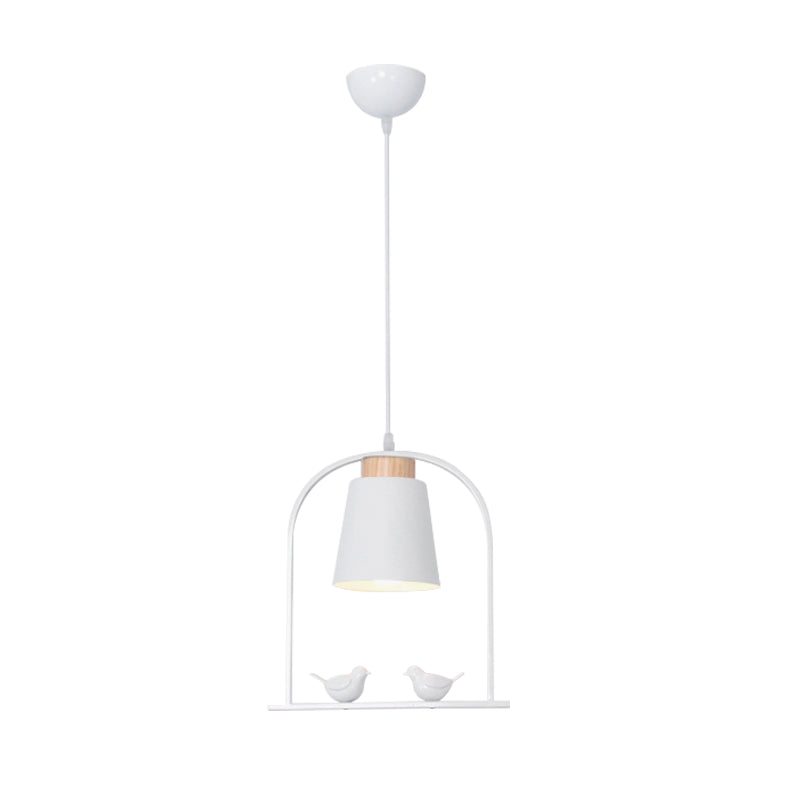 Bird Cage Shape Metal Down Lighting Macaron 1 Head White/Black/Grey Finish Pendulum Lamp with Small Barrel Shade Clearhalo 'Ceiling Lights' 'Modern Pendants' 'Modern' 'Pendant Lights' 'Pendants' Lighting' 886681