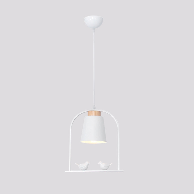 Bird Cage Shape Metal Down Lighting Macaron 1 Head White/Black/Grey Finish Pendulum Lamp with Small Barrel Shade Clearhalo 'Ceiling Lights' 'Modern Pendants' 'Modern' 'Pendant Lights' 'Pendants' Lighting' 886682