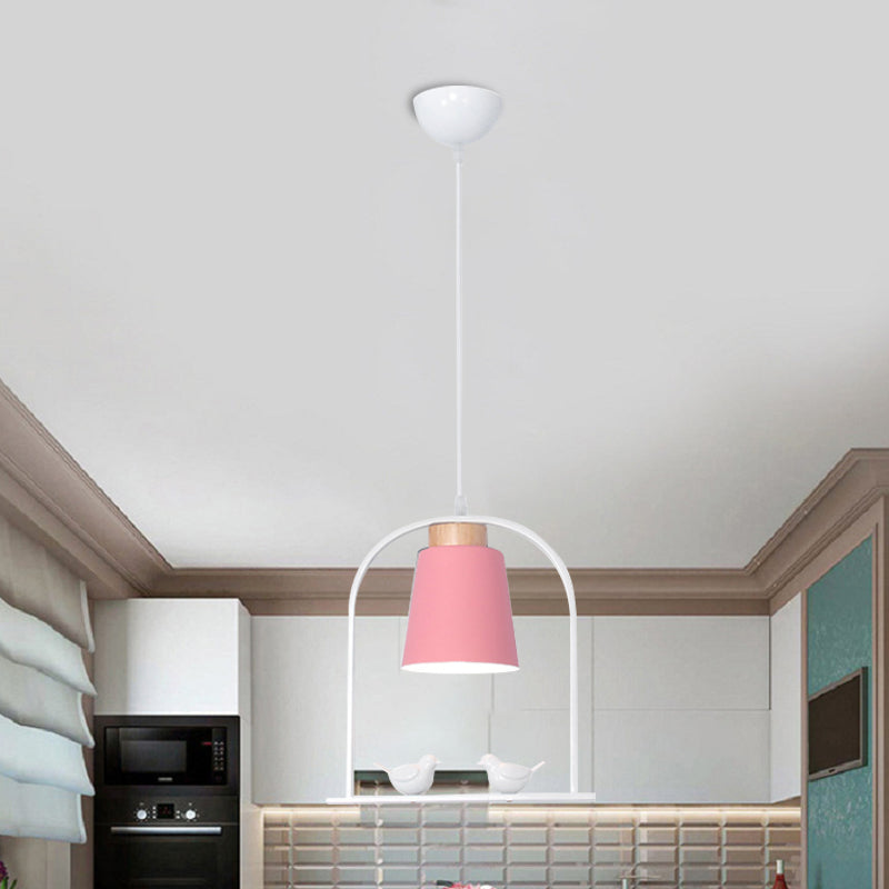 Bird Cage Shape Metal Down Lighting Macaron 1 Head White/Black/Grey Finish Pendulum Lamp with Small Barrel Shade Pink Clearhalo 'Ceiling Lights' 'Modern Pendants' 'Modern' 'Pendant Lights' 'Pendants' Lighting' 886683