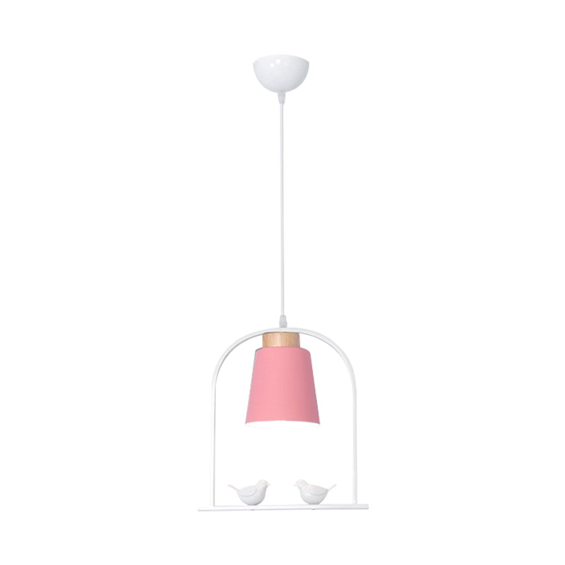 Bird Cage Shape Metal Down Lighting Macaron 1 Head White/Black/Grey Finish Pendulum Lamp with Small Barrel Shade Clearhalo 'Ceiling Lights' 'Modern Pendants' 'Modern' 'Pendant Lights' 'Pendants' Lighting' 886685