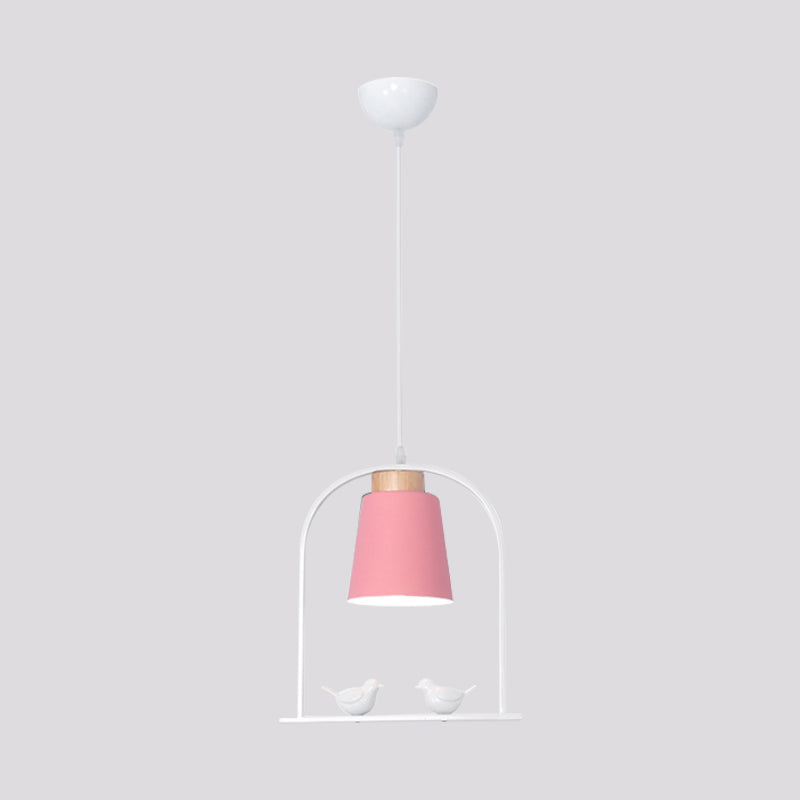 Bird Cage Shape Metal Down Lighting Macaron 1 Head White/Black/Grey Finish Pendulum Lamp with Small Barrel Shade Clearhalo 'Ceiling Lights' 'Modern Pendants' 'Modern' 'Pendant Lights' 'Pendants' Lighting' 886686