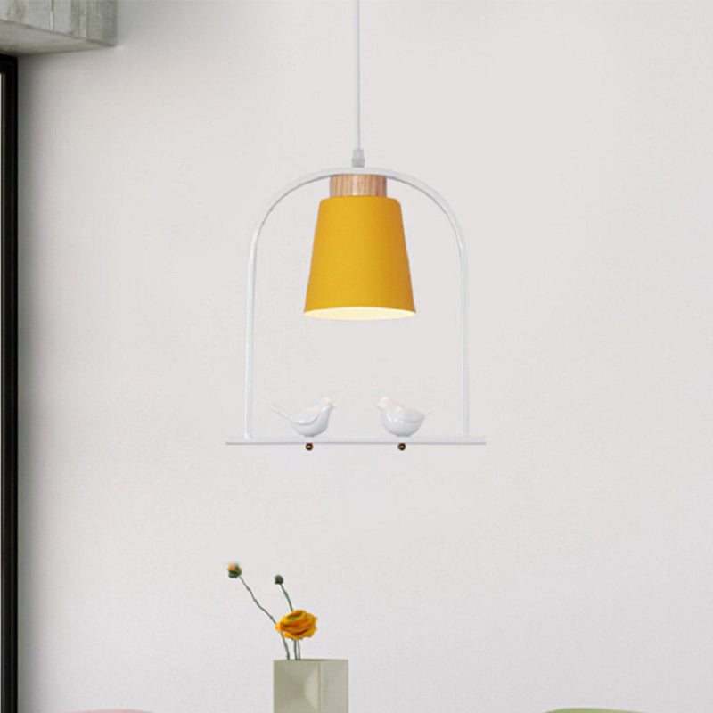 Bird Cage Shape Metal Down Lighting Macaron 1 Head White/Black/Grey Finish Pendulum Lamp with Small Barrel Shade Yellow Clearhalo 'Ceiling Lights' 'Modern Pendants' 'Modern' 'Pendant Lights' 'Pendants' Lighting' 886687