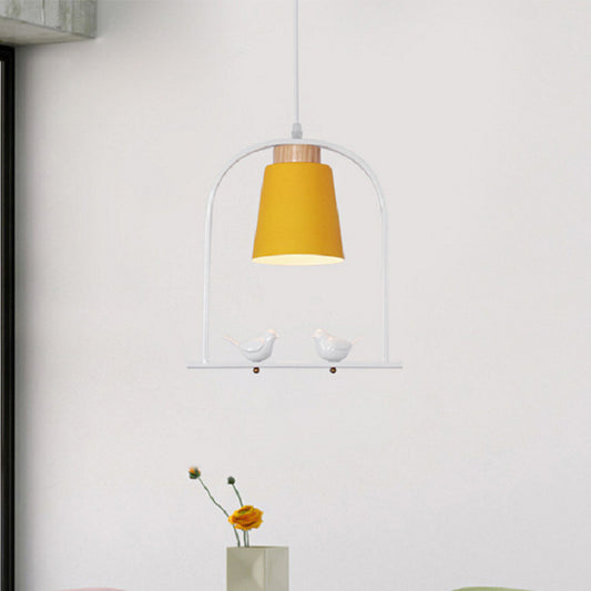 Bird Cage Shape Metal Down Lighting Macaron 1 Head White/Black/Grey Finish Pendulum Lamp with Small Barrel Shade Yellow Clearhalo 'Ceiling Lights' 'Modern Pendants' 'Modern' 'Pendant Lights' 'Pendants' Lighting' 886687