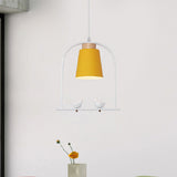 Bird Cage Shape Metal Down Lighting Macaron 1 Head White/Black/Grey Finish Pendulum Lamp with Small Barrel Shade Yellow Clearhalo 'Ceiling Lights' 'Modern Pendants' 'Modern' 'Pendant Lights' 'Pendants' Lighting' 886687