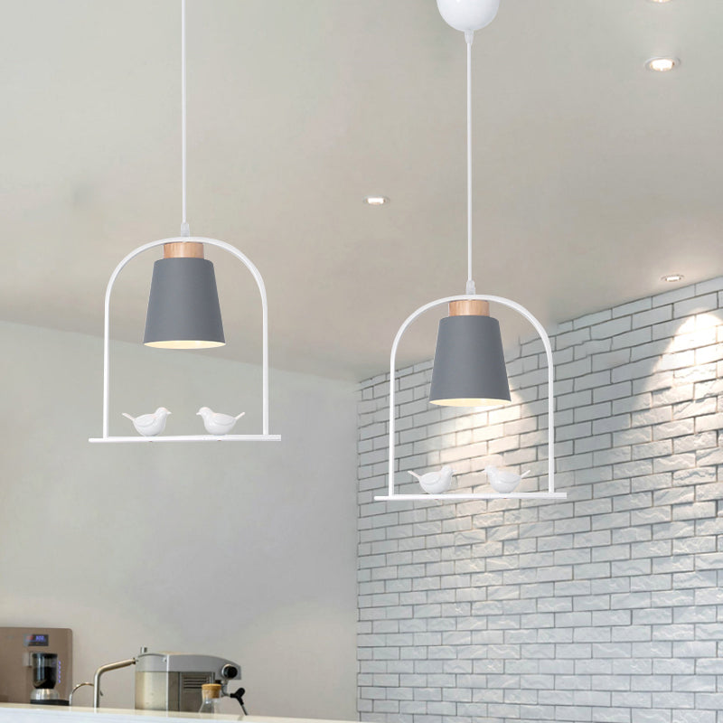 Bird Cage Shape Metal Down Lighting Macaron 1 Head White/Black/Grey Finish Pendulum Lamp with Small Barrel Shade Clearhalo 'Ceiling Lights' 'Modern Pendants' 'Modern' 'Pendant Lights' 'Pendants' Lighting' 886693