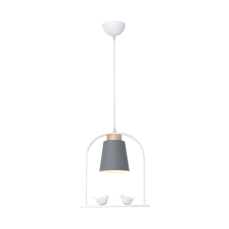 Bird Cage Shape Metal Down Lighting Macaron 1 Head White/Black/Grey Finish Pendulum Lamp with Small Barrel Shade Clearhalo 'Ceiling Lights' 'Modern Pendants' 'Modern' 'Pendant Lights' 'Pendants' Lighting' 886694