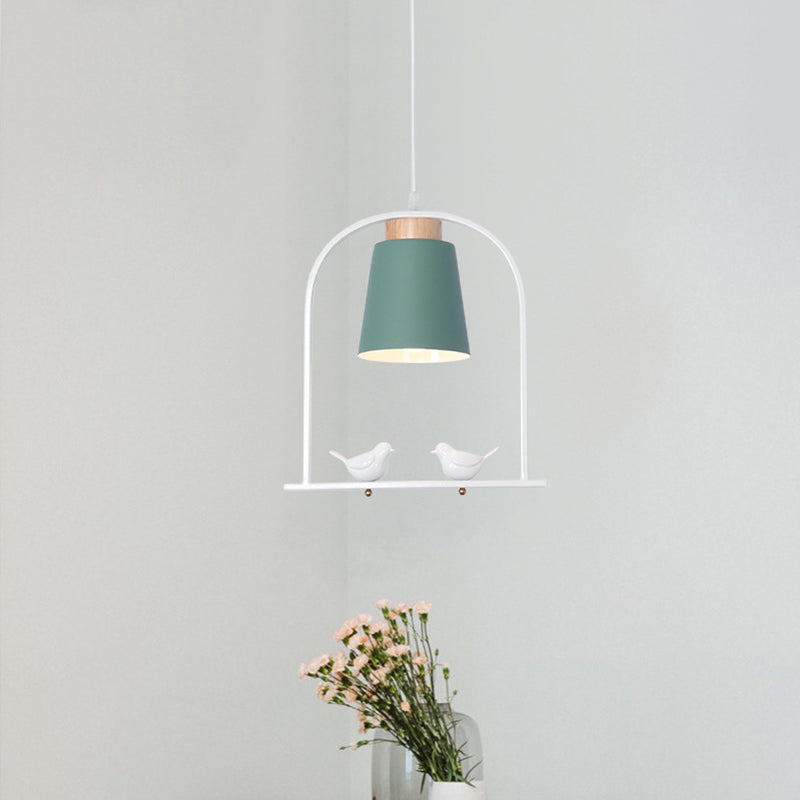 Bird Cage Shape Metal Down Lighting Macaron 1 Head White/Black/Grey Finish Pendulum Lamp with Small Barrel Shade Green Clearhalo 'Ceiling Lights' 'Modern Pendants' 'Modern' 'Pendant Lights' 'Pendants' Lighting' 886695