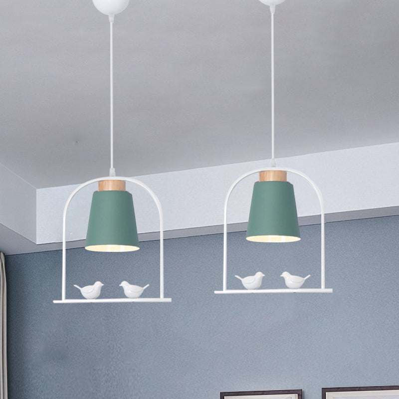 Bird Cage Shape Metal Down Lighting Macaron 1 Head White/Black/Grey Finish Pendulum Lamp with Small Barrel Shade Clearhalo 'Ceiling Lights' 'Modern Pendants' 'Modern' 'Pendant Lights' 'Pendants' Lighting' 886696