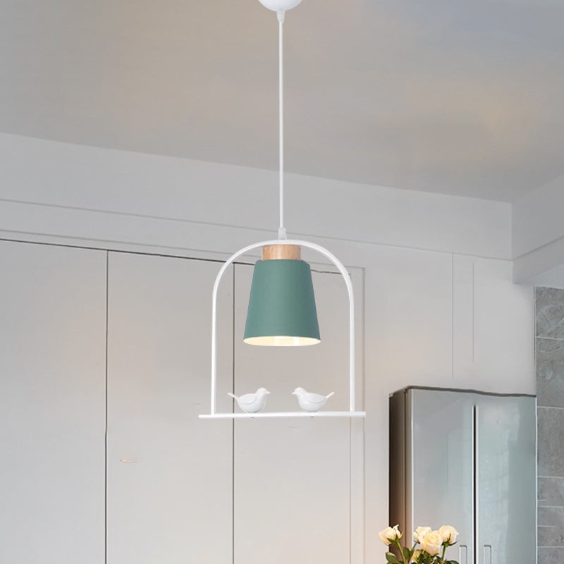 Bird Cage Shape Metal Down Lighting Macaron 1 Head White/Black/Grey Finish Pendulum Lamp with Small Barrel Shade Clearhalo 'Ceiling Lights' 'Modern Pendants' 'Modern' 'Pendant Lights' 'Pendants' Lighting' 886697