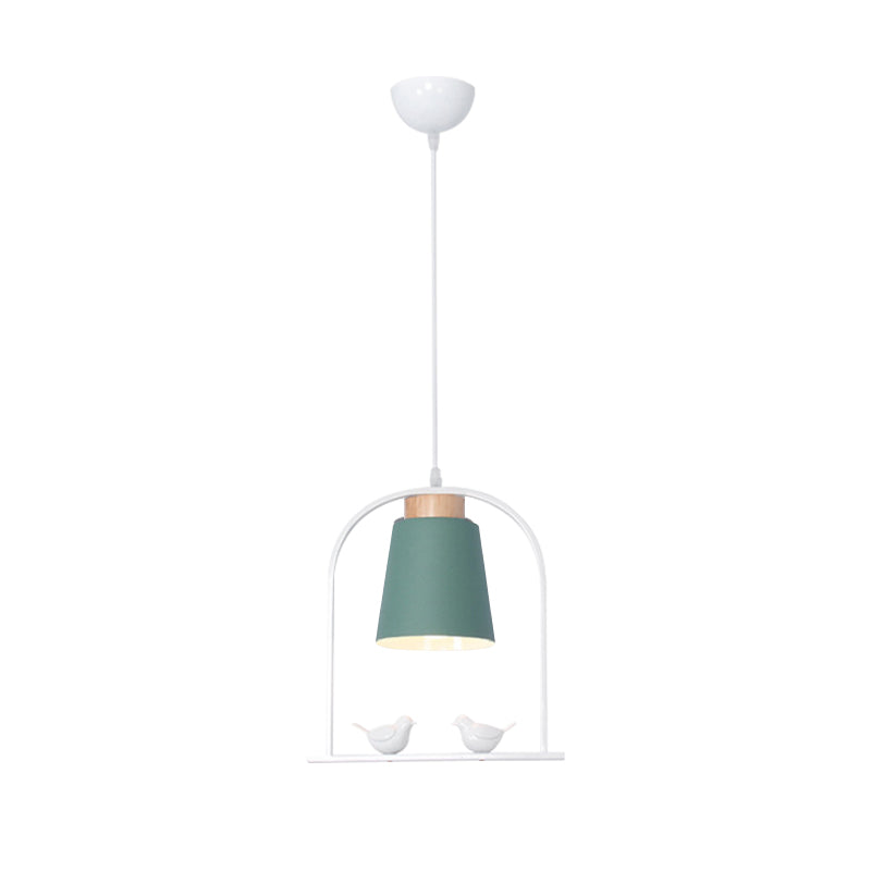 Bird Cage Shape Metal Down Lighting Macaron 1 Head White/Black/Grey Finish Pendulum Lamp with Small Barrel Shade Clearhalo 'Ceiling Lights' 'Modern Pendants' 'Modern' 'Pendant Lights' 'Pendants' Lighting' 886698