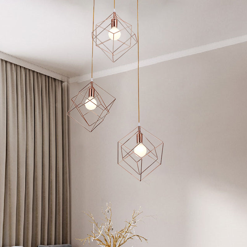 Rose Gold Finish Cube Cage Multi Ceiling Light Modern 3 Bulbs Iron Ceiling Suspension Lamp with Round Canopy Rose Gold Clearhalo 'Ceiling Lights' 'Modern Pendants' 'Modern' 'Pendant Lights' 'Pendants' Lighting' 886759