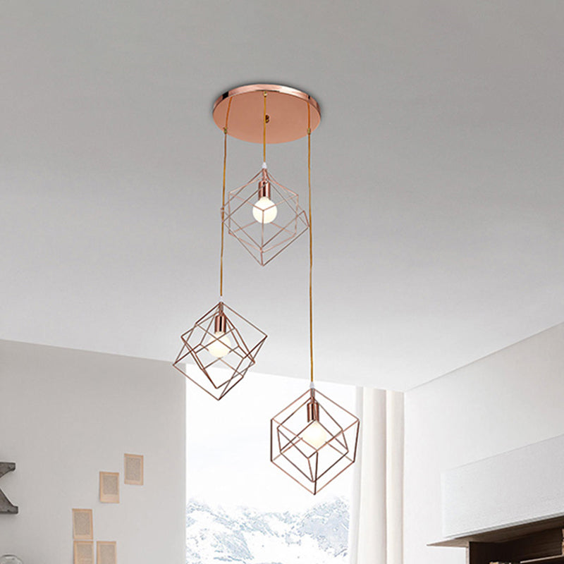 Rose Gold Finish Cube Cage Multi Ceiling Light Modern 3 Bulbs Iron Ceiling Suspension Lamp with Round Canopy Clearhalo 'Ceiling Lights' 'Modern Pendants' 'Modern' 'Pendant Lights' 'Pendants' Lighting' 886760