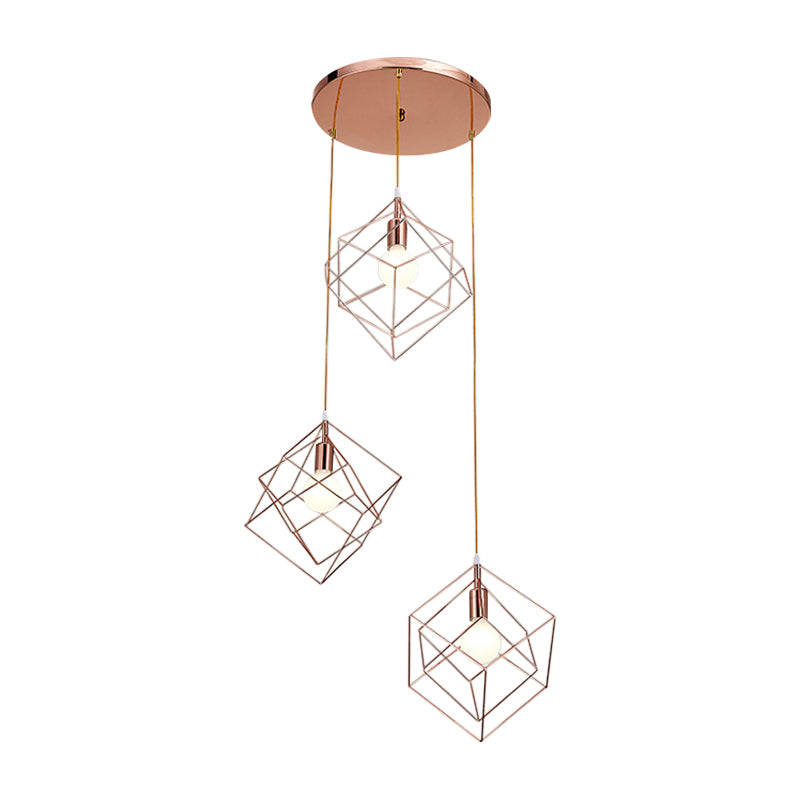 Rose Gold Finish Cube Cage Multi Ceiling Light Modern 3 Bulbs Iron Ceiling Suspension Lamp with Round Canopy Clearhalo 'Ceiling Lights' 'Modern Pendants' 'Modern' 'Pendant Lights' 'Pendants' Lighting' 886761