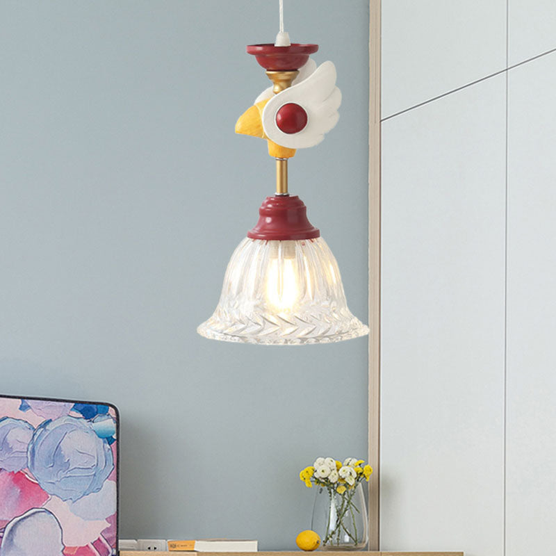 Bell Clear Glass Drop Lamp Cartoon 1-Head Red Down Lighting Pendant with Globe/Bird Design for Bedroom Red Bird Clearhalo 'Ceiling Lights' 'Close To Ceiling Lights' 'Glass shade' 'Glass' 'Pendant Lights' 'Pendants' Lighting' 886767