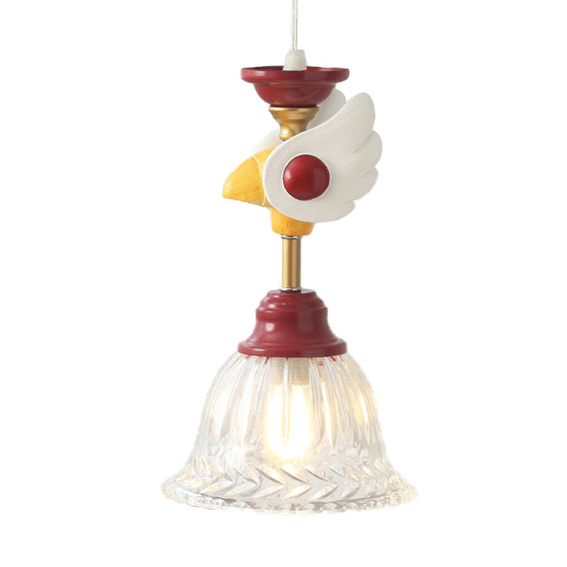 Bell Clear Glass Drop Lamp Cartoon 1-Head Red Down Lighting Pendant with Globe/Bird Design for Bedroom Clearhalo 'Ceiling Lights' 'Close To Ceiling Lights' 'Glass shade' 'Glass' 'Pendant Lights' 'Pendants' Lighting' 886769