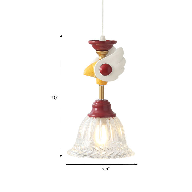 Bell Clear Glass Drop Lamp Cartoon 1-Head Red Down Lighting Pendant with Globe/Bird Design for Bedroom Clearhalo 'Ceiling Lights' 'Close To Ceiling Lights' 'Glass shade' 'Glass' 'Pendant Lights' 'Pendants' Lighting' 886770