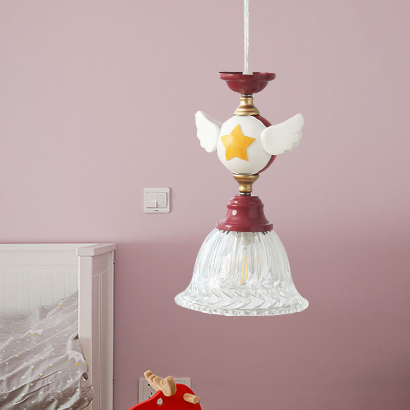 Bell Clear Glass Drop Lamp Cartoon 1-Head Red Down Lighting Pendant with Globe/Bird Design for Bedroom Clearhalo 'Ceiling Lights' 'Close To Ceiling Lights' 'Glass shade' 'Glass' 'Pendant Lights' 'Pendants' Lighting' 886772
