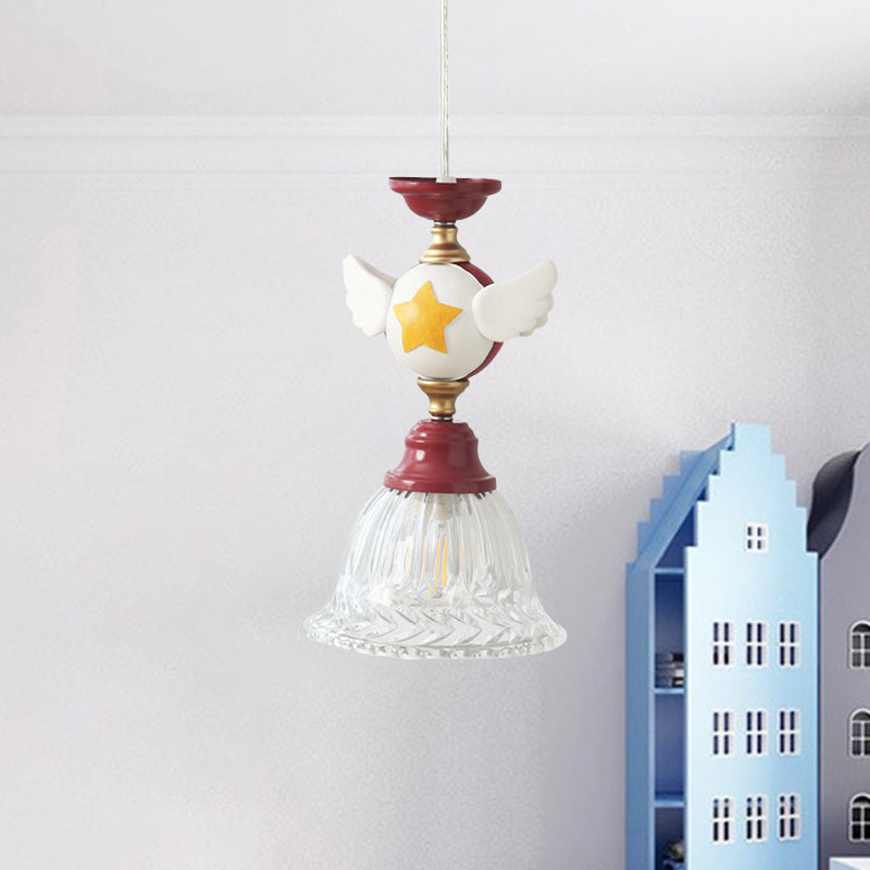 Bell Clear Glass Drop Lamp Cartoon 1-Head Red Down Lighting Pendant with Globe/Bird Design for Bedroom Clearhalo 'Ceiling Lights' 'Close To Ceiling Lights' 'Glass shade' 'Glass' 'Pendant Lights' 'Pendants' Lighting' 886773