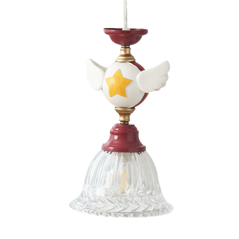 Bell Clear Glass Drop Lamp Cartoon 1-Head Red Down Lighting Pendant with Globe/Bird Design for Bedroom Clearhalo 'Ceiling Lights' 'Close To Ceiling Lights' 'Glass shade' 'Glass' 'Pendant Lights' 'Pendants' Lighting' 886774