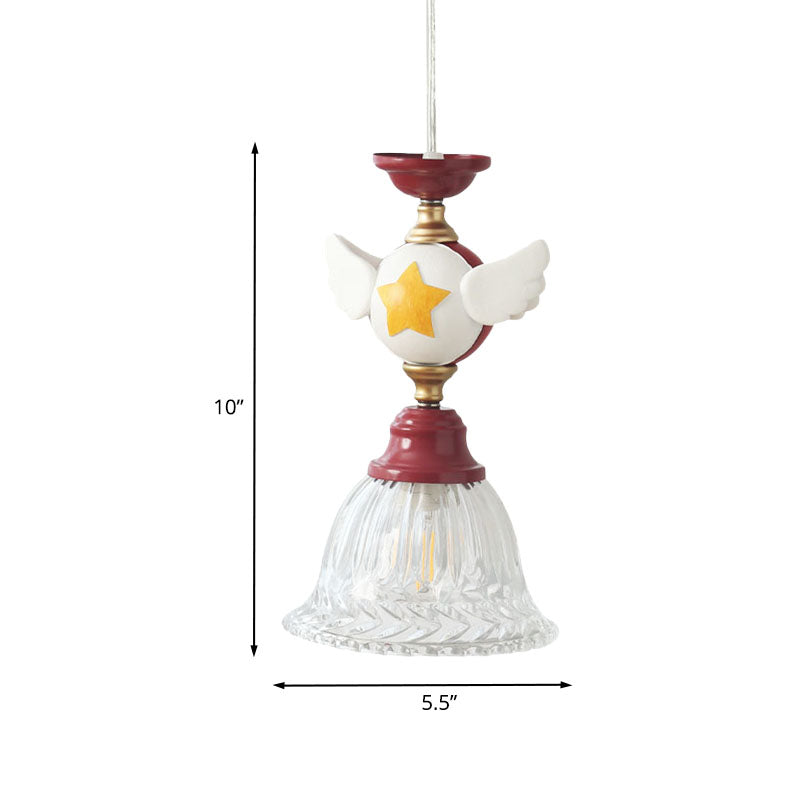 Bell Clear Glass Drop Lamp Cartoon 1-Head Red Down Lighting Pendant with Globe/Bird Design for Bedroom Clearhalo 'Ceiling Lights' 'Close To Ceiling Lights' 'Glass shade' 'Glass' 'Pendant Lights' 'Pendants' Lighting' 886775