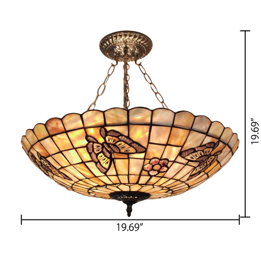 5 Bulbs Butterfly Semi Flush Light Beige Glass Lodge Semi Flush Mount Light for Dining Room Clearhalo 'Ceiling Lights' 'Close To Ceiling Lights' 'Close to ceiling' 'Pendant Lights' 'Semi-flushmount' 'Tiffany close to ceiling' 'Tiffany' Lighting' 88766