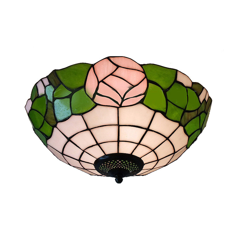 Stained Glass Rose Flush Ceiling Light Rustic Lodge 2 Lights Flush Mount Light for Bedroom Pink-Green Clearhalo 'Ceiling Lights' 'Close To Ceiling Lights' 'Close to ceiling' 'Flush mount' Lighting' 88767