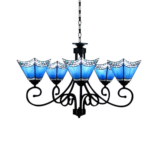 5 Lights Trapezoid Chandelier Lighting Blue Glass Nautical Pendant Light for Living Room Blue Clearhalo 'Ceiling Lights' 'Chandeliers' 'Close To Ceiling Lights' 'Industrial' 'Middle Century Chandeliers' 'Tiffany Chandeliers' 'Tiffany close to ceiling' 'Tiffany' Lighting' 88777